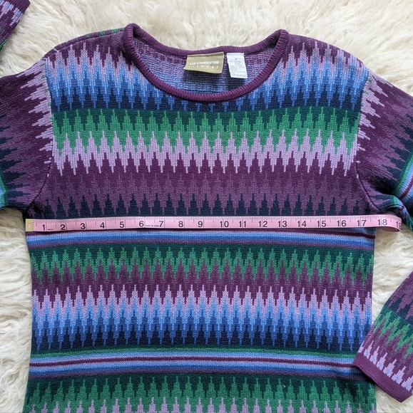 Women's Vintage Liz Claiborne Purple Green Blue Zigzag Cotton Sweater Medium - Picture 2 of 5